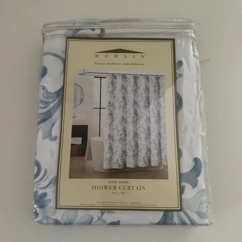 Domain Anne Marie Blue and White Shower Curtain New in Package 72 x 72 inches